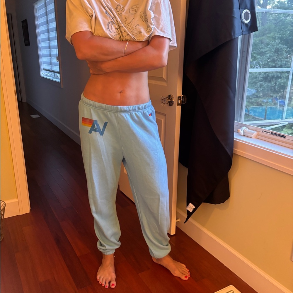 Aviator Nation Light Blue Sweatpants with Rainbow Detail